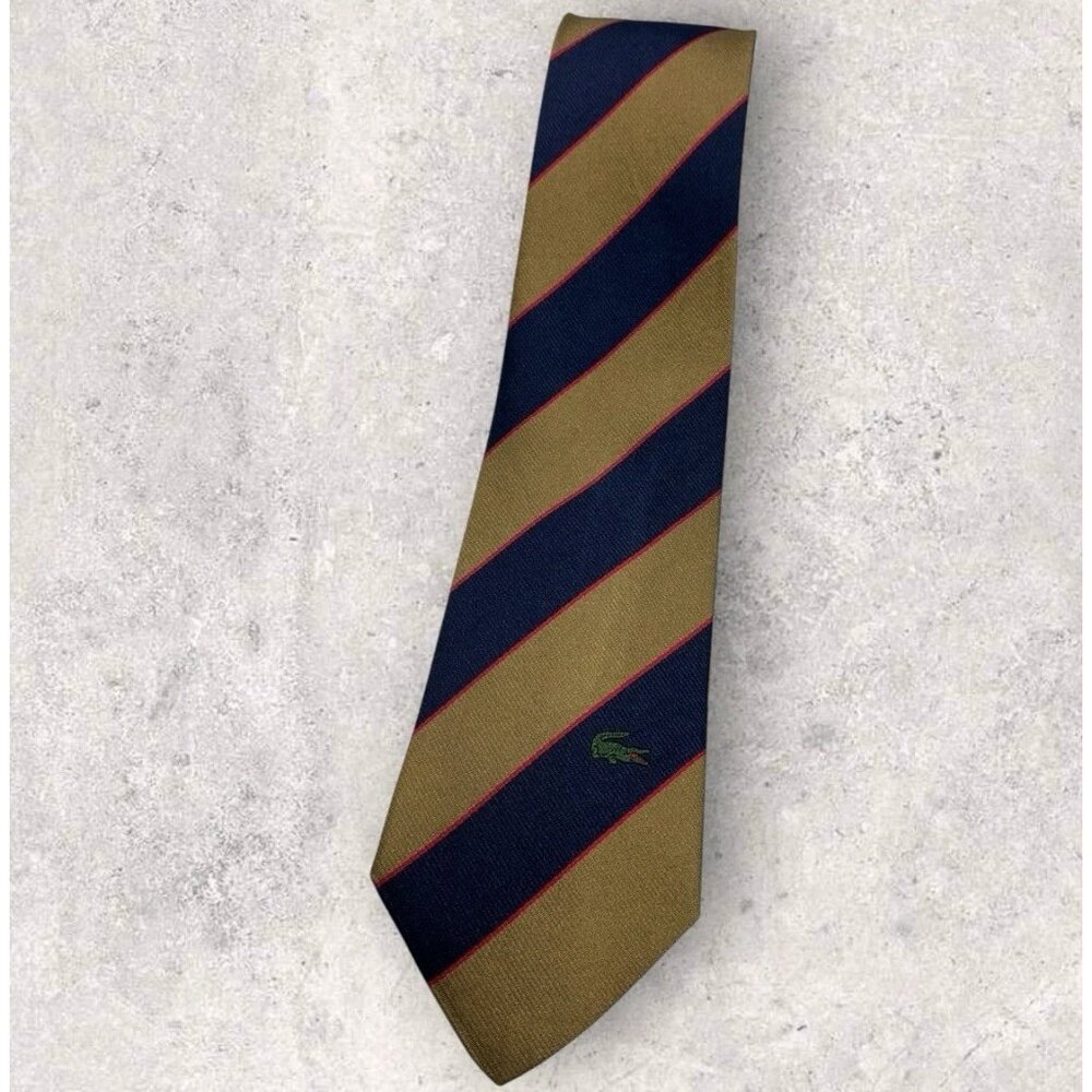 NEW LACOSTE Silk Tie ITALY Navy Gold Striped Logo W:3.5"
